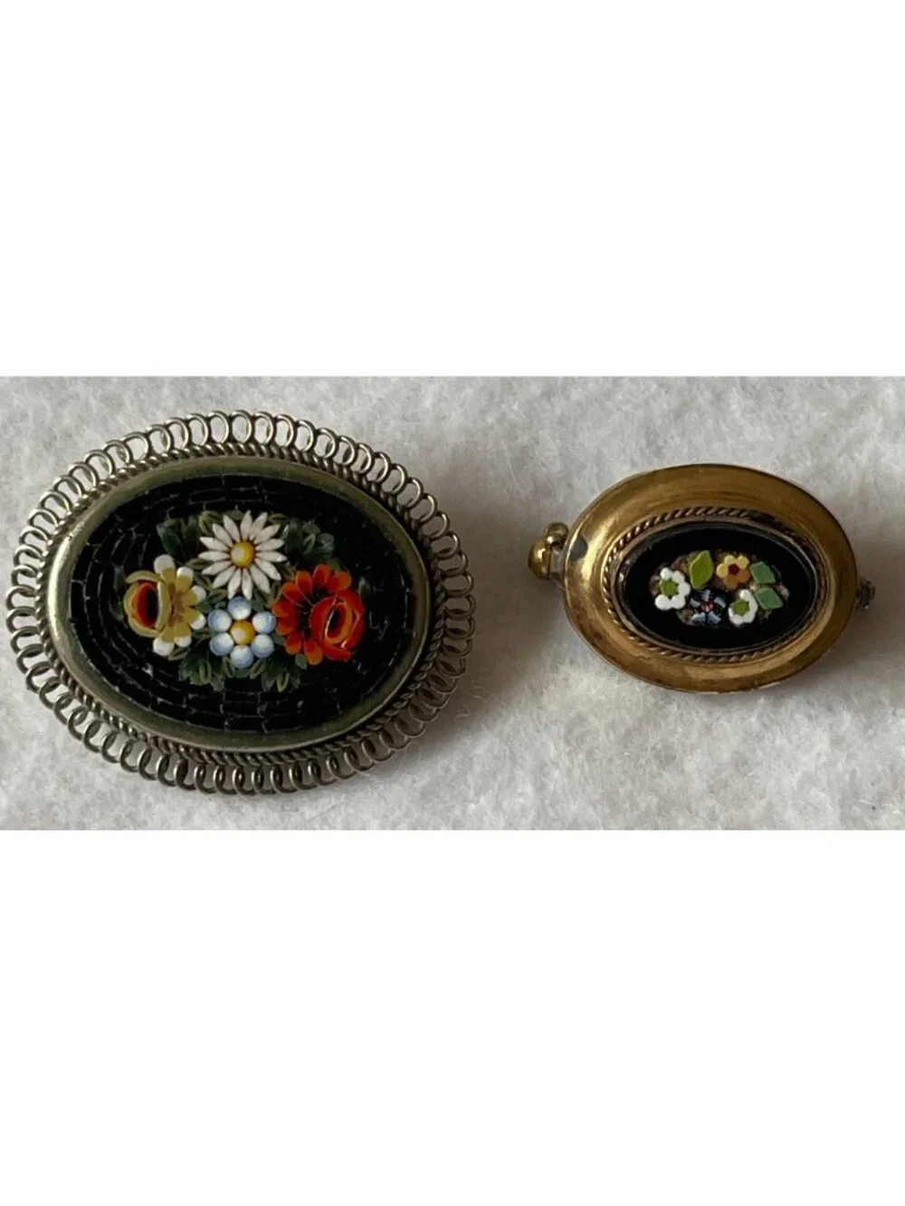 Two Vintage Italian Micro Mosaic Brooches Floral Design Gold & Silver Tone Oval